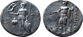 PAMPHYLIA, Side. Circa 370-360 BC. AR Stater (10.77 gm). 19,6mm Athena standing left, holding Nike, shield, and spear; pomegranate to left, letters to...