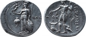 GREEK COINS
PAMPHYLIA
SIDE. Stater 370/360 BC. Athena standing left, supporting shield and spear with left hand, holding Nike in right; pomegranate to...