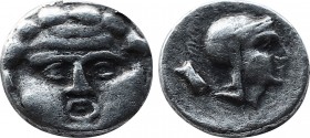 Greek
Pisidia. Selge circa 350-300 BC.
Obol AR
9,7 mm, 0,63 g
Facing gorgoneion / Helmeted head of Athena right, astralagos behind.
very fine