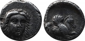 Greek
Cilicia. Uncertain mint 470-400 BC.
Hemiobol AR
6,9 mm., 0,39 g.
Draped bust of Apollo facing slightly right / Forepart of Pegasos right.
v...