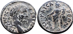 LYDIA, Hierocaesarea. Septimius Severus. AD 193-211. Æ (17,6mm, 2,94 g, 6h). Laureate head right / Tyche standing left, holding rudder and cornucopia....