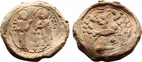 Byzantine Lead Seal (12th - 13th Century)
Obverse, two figures standing, Jesus facing left and Virgin Mary facing right. Both are halo. Pearl border. ...