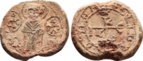 Byzantine Lead Seal Patrikios (6-7th Century)
Obverse, standing figure with halo. In bishop outfit. Cross address monogram on right and left. The line...