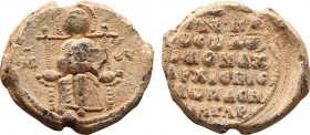 Byzantine Lead Seal Monachos Ark Bishop (11th Century)
Obverse, Mary, seated on the throne, holding the child Jesus in her arms. Maphorion is wearing....