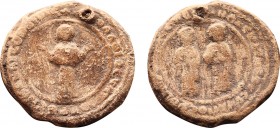 Byzantine Lead Seal (11th Century)
Obverse: Mary, standing front proportion, child Jesus on breast. The Maphorion hangs down its arms. It stands on a ...