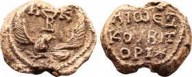 Byzantine Lead Seal (7th Century)
Obverse: eagle with open wings, addressing monogram with cross on wings. A wreath is a border.
Back: 4 (four) lines ...