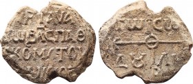 Byzantine Lead Seal Basilikos Spatiharioskandidatos (9th Century)
Obverse: Crusader appeal monogram. Between the arms of the cross; TO-SO-DU-LO. Expla...