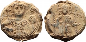 Byzantine Lead Seal (1042-1055 AD) IX. Konstantinos
Obverse: Jesus seated on a throne with a back. Halo from the front. Its feet stand on a suppedane...