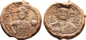 Byzantine Lead Seal (AD 1042-1055) IX. Konstantinos
Obverse: Bust of Christ, frontal, curly beard, long wavy hair, halo with cross, inside of the cros...