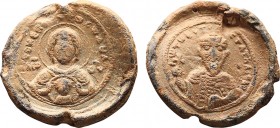 Byzantine Lead Seal Grigorios (11th - 12th Century)
Obverse: Blakhernitissa, Mary, from the front, the child Jesus in a medallion on her chest, Mary i...