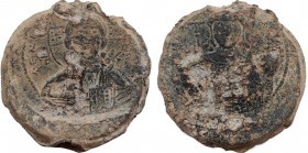 BYZANTINE LEAD SEALS. Constantine IX Monomachus (Emperor, 1042-1055).
Obv: Facing bust of Christ Pantokrator.
Rev: Half-length facing bust of Constant...