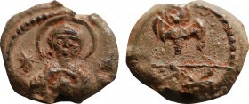 Byzantine Lead Seal (7th Century)
Obverse: bust of Mary, frontal, Jesus inside medallion on chest. Haloed. Star decoration on the right and left. Pear...