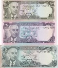 Afghanistan, 1977 Issues Lot, 10-20-50 Afghanis, UNC, P#47c & P#48c & P#49c, SH1356 (1977) Group of 3 Banknotes, Stain at left border of 50 Afghanis