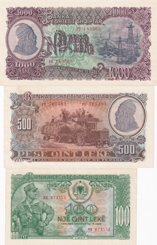 Albania, 1944-57 Issues Lot, 10-50-100-500-1000 Leke, UNC, , Total 5 Banknotes, ...