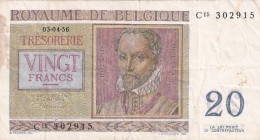 Belgium, 20 Francs, 1956, VF, B701b, Stains at front and right border