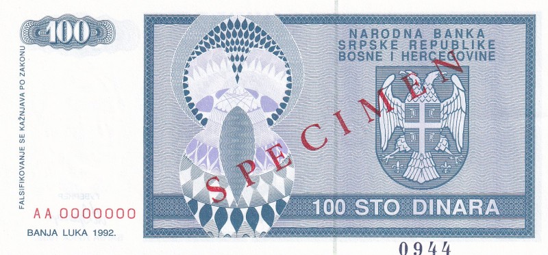 Bosnia-Herzegovina, 100 Dinara Specimen, 1992, UNC, P#135s, SRPSKA (Serbian) Rep...
