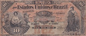 Brazil, 10 Mil Reis, 1892, VG, P#30, Very Rare - Repaired