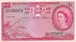 British Caribbean Territories, 1 Dollar, 1960, AUNC, B107h, These notes are like the preceding issues, but the portrait of King George VI has been rep...