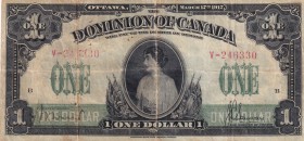 Canada, 1917, 1 Dollar, VF, P#17c, Very Rare, Small tears at upper and lower borders, very small holes at parallel fold line related with folding wear