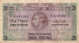 Cyprus, 1941, 3 Piastres on 1 shilling, VF, B126, Very Rare, To address a shortage of coinage caused by the rising value of silver during World War II...