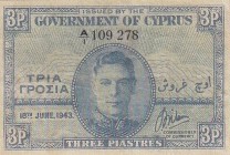 Cyprus, 1943, 3 Piastres, AUNC, B128, King George VI.