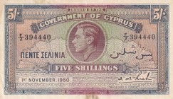 Cyprus, 1950, 5 Shillings, XF, B122m, Stains at lower border