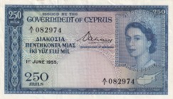 Cyprus, 1955, 250 Mils, XF, B13a, Writing at back