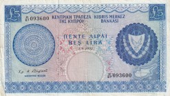 Cyprus, 1972, 5 Pounds, VF, B304d, Stains at left border