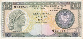 Cyprus, 1990, 10 Pounds, VF, B315d, Stains at right border and 15mm tear alt lower border