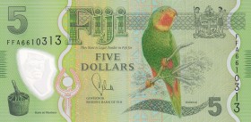 Fiji, 5 Dollars, 2013, UNC, B526a, This is the first note in the world printed on Safeguard, De La Rue’s polymer substrate.