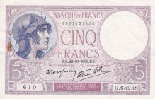 France, 5 Francs, 1939, AUNC, P#83, Stample holes