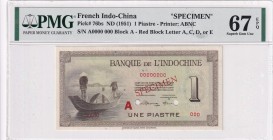 French Indochina, 1 Piastre Specimen, 1951, PMG 67EPQ, P#76bs, Top Pop