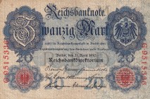 Germany, 20 Mark, 1910, VF, B204e10 (Letter M), 1883 - 1922 Imperial Issues. The second Reichsbank series circulated for 40 years. All carry the imper...