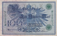 Germany, 100 Mark, 1908, XF, B211a8 (Letter K), 1883 - 1922 Imperial Issues. The 100-mark and 1,000-mark denominations, issued right up until the hype...