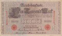 Germany, 1.000 Mark, 1910, VF, B217f19 (Letter R), 1883 - 1922 Imperial Issues. The 100-mark and 1,000-mark denominations, issued right up until the h...