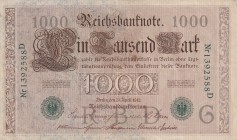Germany, 1.000 Mark, 1910, VF, B218a7 (Letter G), 1883 - 1922 Imperial Issues. The 100-mark and 1,000-mark denominations, issued right up until the hy...