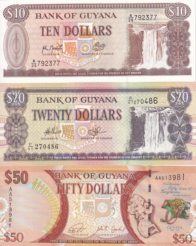 Guyana, 10-20-50 Dollars, 1992-96-2016, UNC, B103i & B108g2 & B119a, Total 3 Ban...