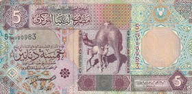 Libya, 5 Dinars, 2002, XF+, B529a, 2 small torns at left border