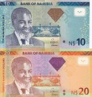 Namibia, 2013 Issues Lot, 10-20 Dollars, UNC, B214a & B215a, Total 2 banknotes