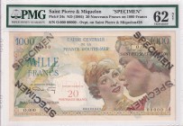 Saint Pierre and Miquelon, 1.000 Francs Specimen, 1964, PMG 62NET, P#34s, Previously Mounted