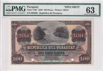Paraguay, 100 Peso Specimen, 1920, PMG 64, P#146s,