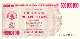 Zimbabwe, 500 Million Dollars, 2008, UNC, B151a,