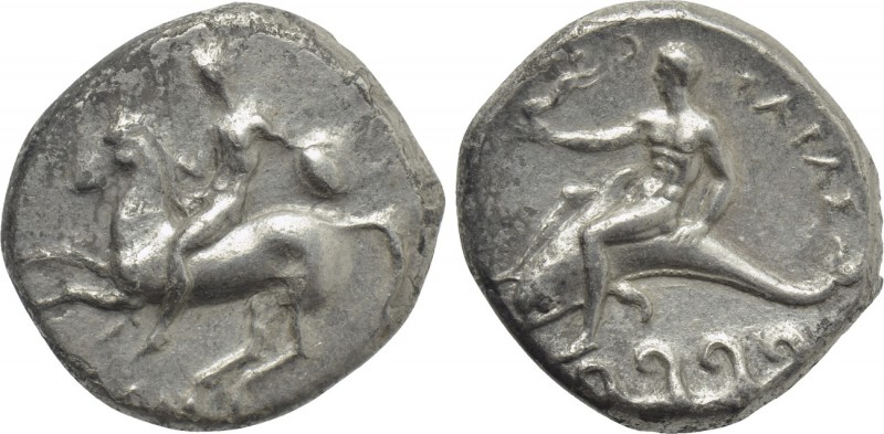 CALABRIA. Tarentum. Nomos (280 BC). 

Obv: Youth, holding shield, on horse rea...