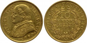 ITALY. Papal States. Pius IX (1846-1878). GOLD 10 Lire (1867//XXII-R). Rome.