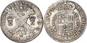 BELGIEN. 
BRABANT. 
Karl II. 1665-1700. Patagon 1695 Antwerpen. Astkreuz / Gekr. Wappen in Ordenskette. Delm. 342, Dv. 4491, v.G./H. 350.1b. . 

k...