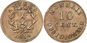 BELGIEN. 
Belagerungs-Notgeld Antwerpen. 
Cu-10&nbsp;Centimes 1814 R LL im Lorbeerkranz ANVERS - 1814 / 4 Z. Wert. KM&nbsp; 7.2. Gad.192c. 

vz