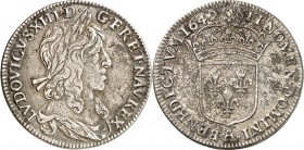 FRANKREICH. 
Louis XIII. 1610-1643. 1/4&nbsp;Ecu 1642 A, Paris. Belorb. geharn. Brb. n.r. / Gekr. Lilienwappen; oben Rosette. Gad.&nbsp; 47, Dup.&nbs...