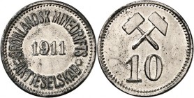 GRÖNLAND. 
Dänische Kolonie 1721-1924. Zn-10&nbsp;Öre-Token 1911 Jahr in Emittenten-Us.&nbsp;/ Hammer u. Schlägel über Wert. Zn Nickel-plattiert. KM&...