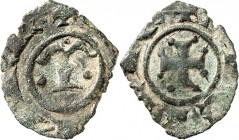 ITALIEN. 
SIZILIEN & APULIEN. 
Manfred I. 1258-1266. Cu-Denaro 0,60g. +&nbsp;[M L]VNFR Initiale (gotisch) M zw. 3&nbsp;Punkten&nbsp;/ +&nbsp;SICILIE...