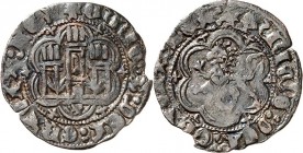 SPANIEN. 
KASTILIEN & LEON. 
Enrique&nbsp;II. 1369-1379. Cu-3 Maravedi 1,49g Löwe im Achtpass/ Castell. . 

Schrf. am Rd.,ss